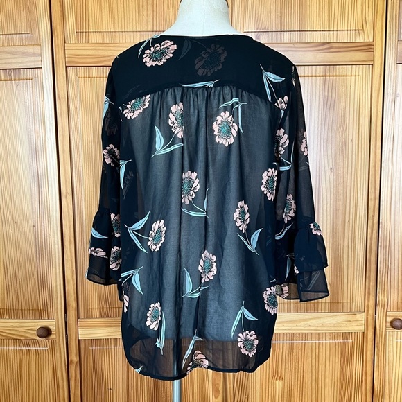CAbi Large Black Floral Sheer Button Up Blouse Ruffle Sleeves Office Wear - Picture 4 of 9